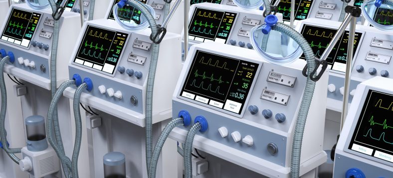 3d rendering group of ventilator machines in hospital